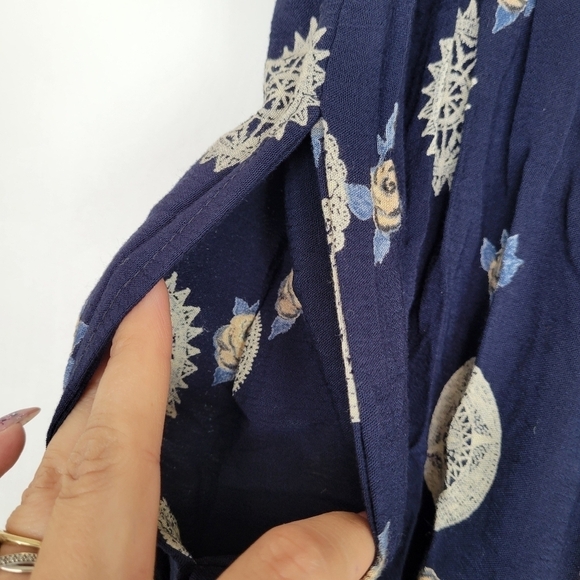 Vtg Estrella Blue and Beige Wide Leg Crop Pants Womans XL Floral Gypsie Palazzo - Picture 7 of 17